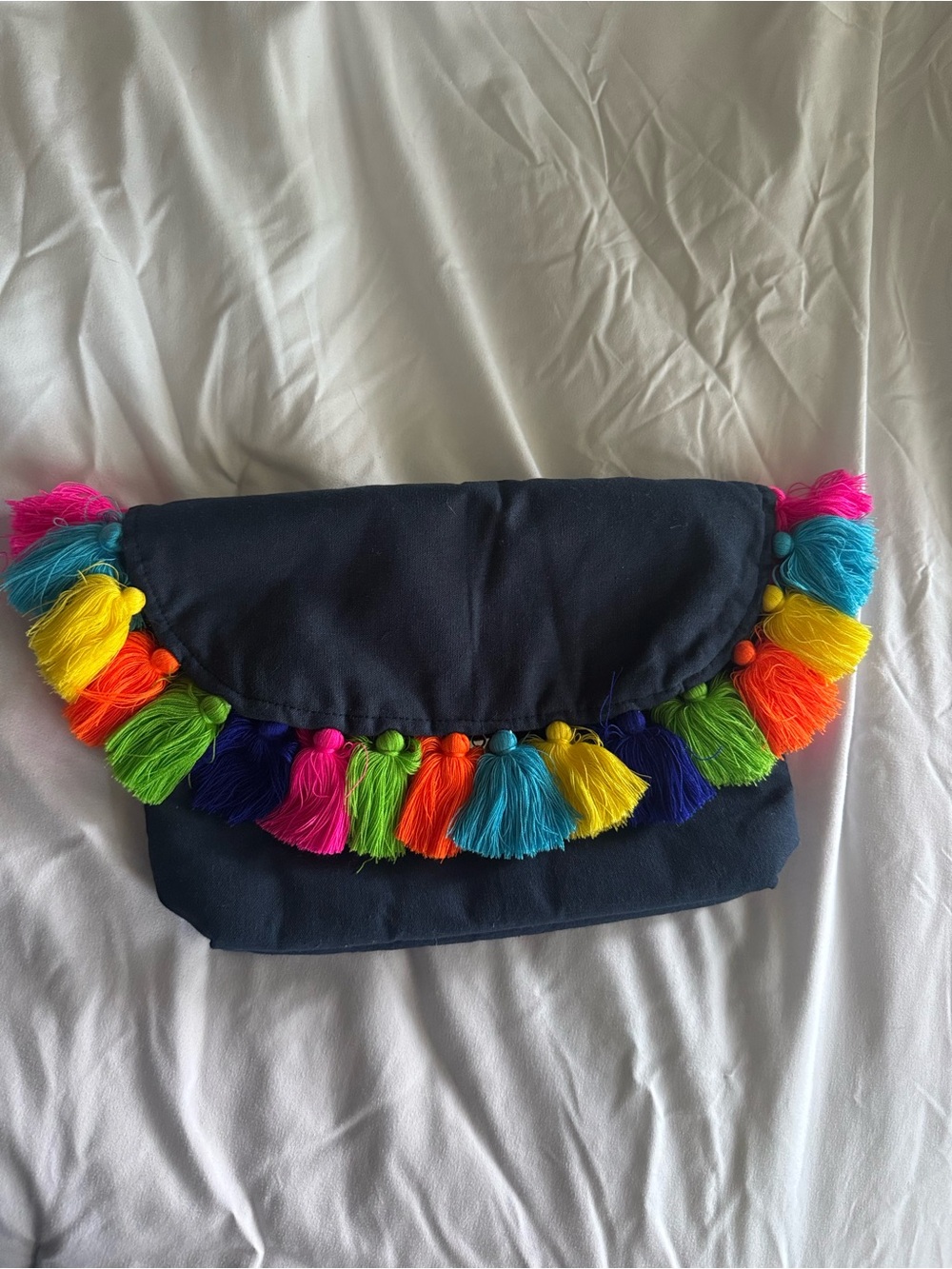 Navy Tassel Clutch with Multicolor Fringe